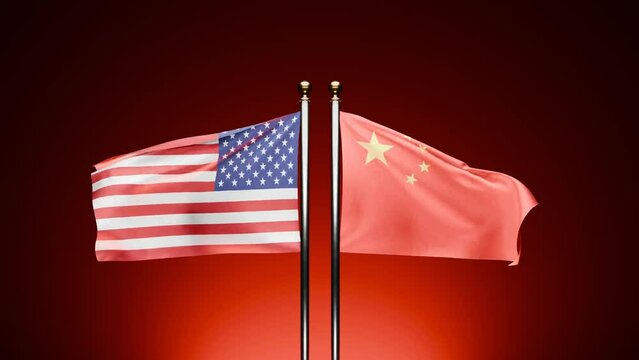 USA vs. China: Witness the 3D rendered flags of the USA and China waving on opposite sides against a dark background, with a cinematic red hue.