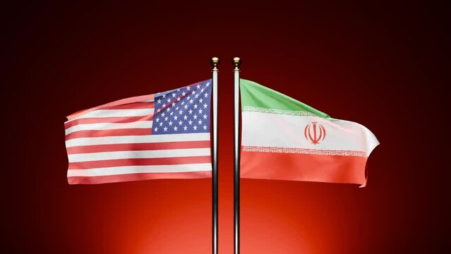 USA vs. Iran: Observe the 3D rendered flags of the USA and Iran waving on opposite sides against a dark background, with a cinematic red hue.