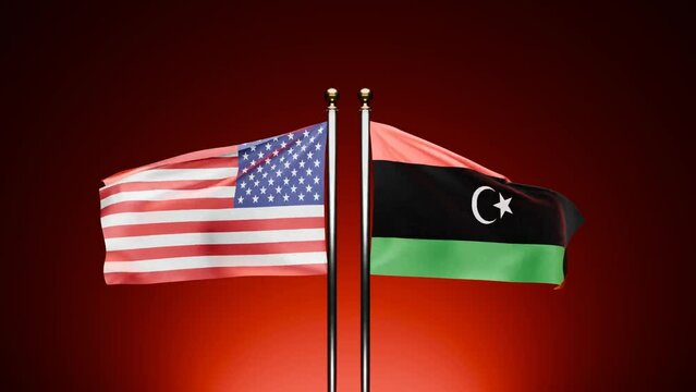USA vs. Libya: Watch the 3D rendered flags of the USA and Libya waving on opposite sides against a dark background, with a cinematic red hue.