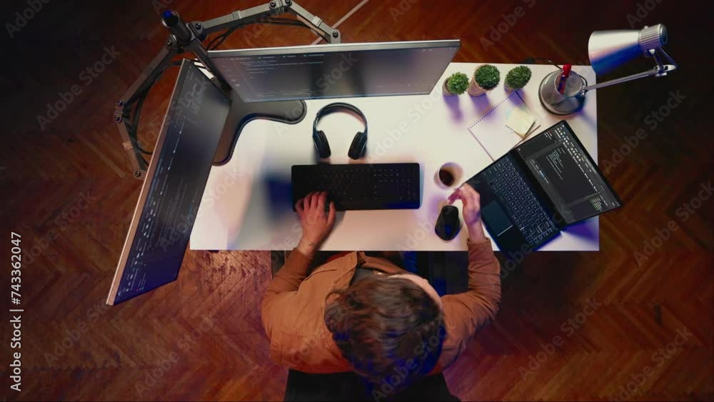 Poster top down view of engineer doing multitasking to finish developing pc code, drinking coffee, listenin