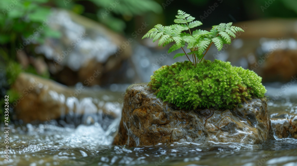 Poster closeup of a delicate fern sprouting out of the cliffside next to a rushing stream embodying ephemer