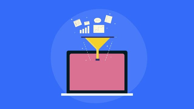 Data collection concept, filtering data with funnel storing on laptop folder. Video animation 2d clip.