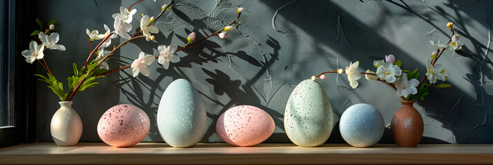  Many Easter eggs painted eggs on displayed with window sill with flower branches on vase and dark gray background for Easter celebration concept   - obrazy, fototapety, plakaty