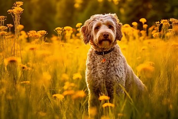 Spanish water dog sitting in meadow field surrounded by vibrant wildflowers and grass on sunny day ai generated