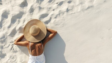 Woman in sun hat tanning on a white sand beach, captured from above. Ai Generated.