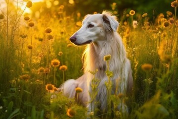 Obraz na płótnie Canvas Borzoi dog sitting in meadow field surrounded by vibrant wildflowers and grass on sunny day ai generated