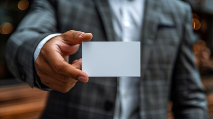Close up of a businessman hand presenting a blank business card with a blurred warm interior background, space for text and logo.