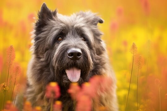 Bouvier des flandres dog sitting in meadow field surrounded by vibrant wildflowers and grass on sunny day ai generated