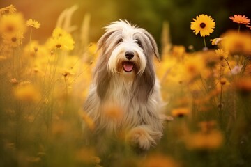 Bearded collie dog sitting in meadow field surrounded by vibrant wildflowers and grass on sunny day AI Generated