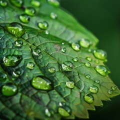 Raindrops cling to a leaf's surface, magnifying the intricate green patterns beneath.
