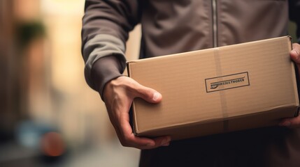 The hands of the delivery man carry the package to deliver. Delivery man's hand holding brown box, transport truck background Detail of a delivery man holding a labeled cardboard package. - obrazy, fototapety, plakaty