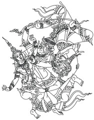 Tattoo art monkey and a giant fight to steal an angel in thai literature sketch