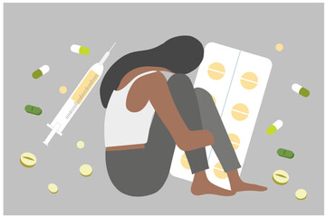 Drug addiction concept, depressed woman with medicine pills. Medical health care and pharmaceutical vector illustration  - obrazy, fototapety, plakaty