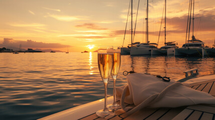 Background Relaxing on a yacht enjoying a gl of champagne while watching the sunset over the horizon and the boats anchored in the harbor. - obrazy, fototapety, plakaty