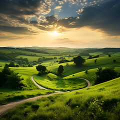 Captivating Sunset on a Gentle Countryside Hill: A Symphony of Nature's Finest Views