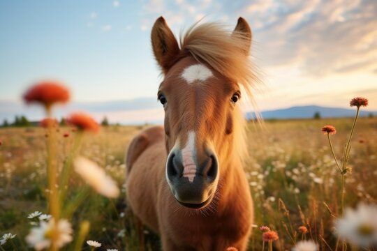 Cute horse on a meadow with flowers