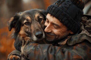 Veterans return home Hugging his beloved dog with happiness - obrazy, fototapety, plakaty