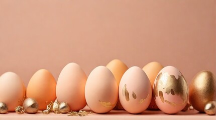 Easter eggs painted in gold and peach fuzz colors on a peach color background, space for text, Easter concept in trendy colors 2024