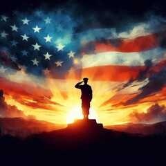 USA army soldier with nation flag. Silhouettes of soldiers with USA flag against the backdrop of a sunset. Greeting card for Veterans Day, Memorial Day, Independence Day. USA celebration. Patriotism, 