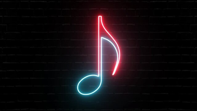 music icon animation. Neon and glowing, single musical note icon abstract animation.