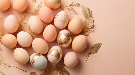 Easter eggs painted in gold and peach fuzz colors on a peach color background, top view, Easter...