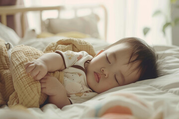 Close up of cute newborn baby sleeping in a bright room