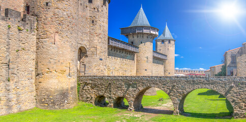 Chateau Comtal of Carcassonne fortress, France with soft sunlight