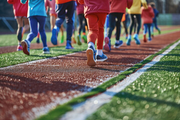 close view of Group of children filled with joy and energy running on athletic track - obrazy, fototapety, plakaty