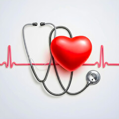 Top view 3d heart with beat and stethoscope isolated on white background with copy space area.