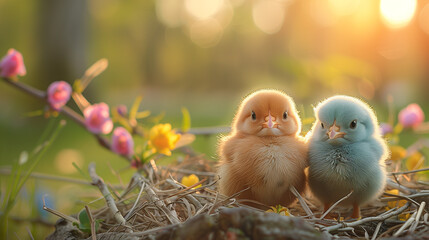 A newborn baby chicks standing in a nest, surrounded by wildflowers in the warm light of sunset.