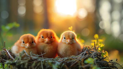 A newborn baby chicks standing in a nest, surrounded by wildflowers in the warm light of sunset.