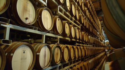 A wooden barrel rack stacked high with rows of aging casks. Each barrel is marked with a vintage year and a specific type of wine and you can see the dark rich color of the