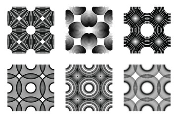 Collection of textured black and white abstract seamless pattern backgrounds.