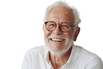 Smiling Senior Man with Glasses and White Shirt.A smiling elderly man with stylish glasses and a white shirt, enjoying a light-hearted moment, with a warm and welcoming expression.

 - obrazy, fototapety, plakaty
