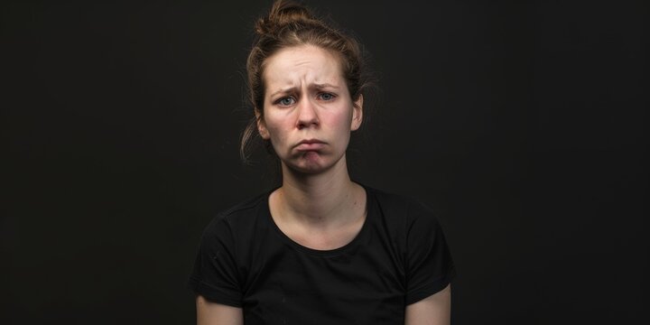 A woman with a sad expression wearing a black t-shirt, generative AI