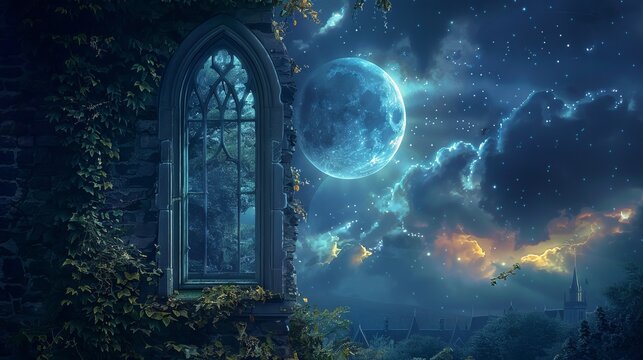 Enchanting mystical window with crescent moon in starry night sky - captivating stock image for your creative projects