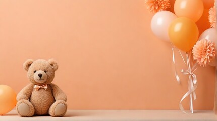Cute teddy bear and balloons on peach fuzz background, concept of valentines day or birthday cards in trendy 2024 colors, space for text - obrazy, fototapety, plakaty
