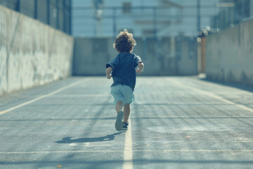 Little child running filled with joy and energy running on athletic track