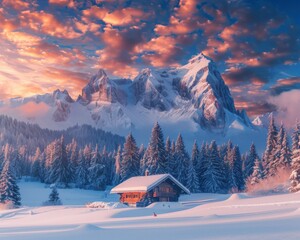 As the setting sun kisses the mountain tops, cozy mountain cabins aglow with warm lights stand amidst a snowy landscape, creating a picturesque scene of winter charm.