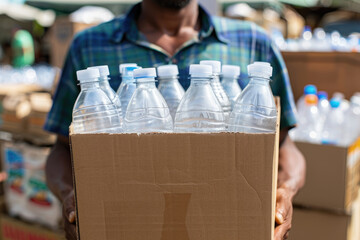 person holding cardboard box full of plastic bottles for recycling