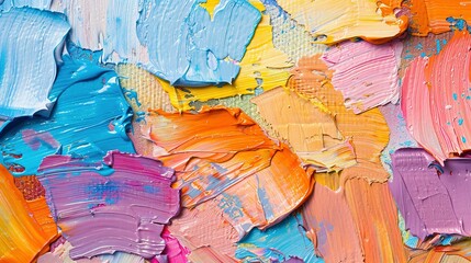 Closeup of abstract rough colorful multicolored orange blue art painting texture background banner long panorama, with oil brushstroke, pallet knife paint on canvas, with square overlapping layers