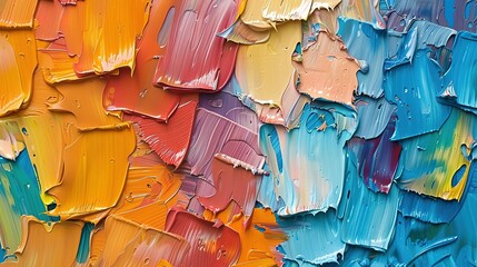 Closeup of abstract rough colorful multicolored orange blue art painting texture background banner long panorama, with oil brushstroke, pallet knife paint on canvas, with square overlapping layers - obrazy, fototapety, plakaty