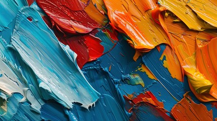 Closeup of abstract rough colorful multicolored orange blue art painting texture background banner long panorama, with oil brushstroke, pallet knife paint on canvas, with square overlapping layers