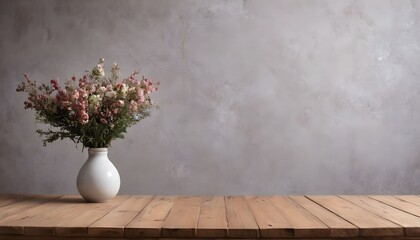 Minimal Scandinavian contemporary empty wooden table with sunlight. Simplistic Home, flower, plants.