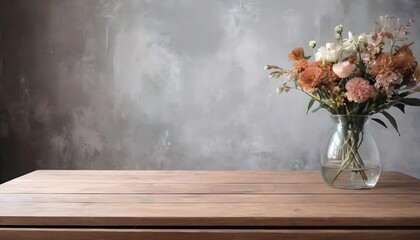 Fototapeta na wymiar Minimal Scandinavian contemporary empty wooden table with sunlight. Simplistic Home, flower, plants.