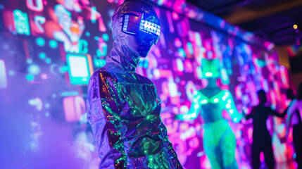 A metallic silver suit with builtin LED lights worn over a neon green mesh top and black vinyl...