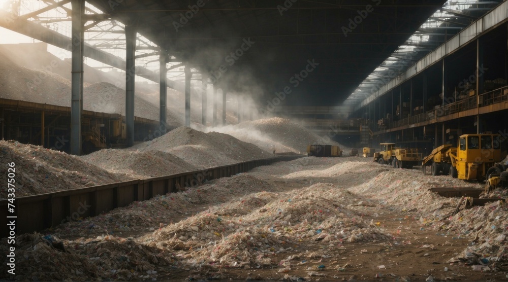 Poster a factory with piles of garbage and machinery. generative ai.