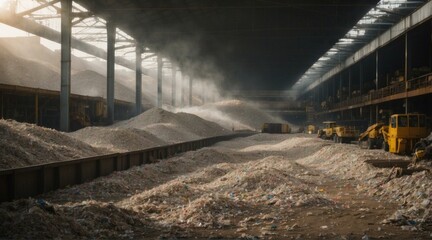 Fototapeta premium A factory with piles of garbage and machinery. Generative AI.