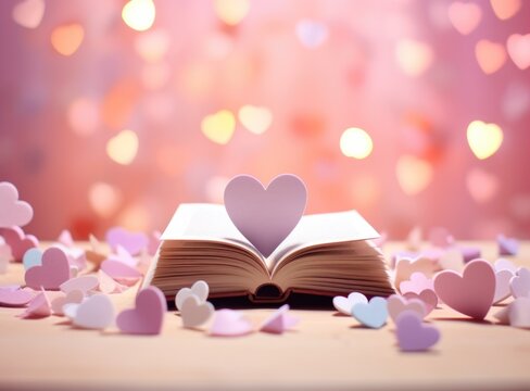 Open book with pink hearts on the background of pink lights. Generative AI.