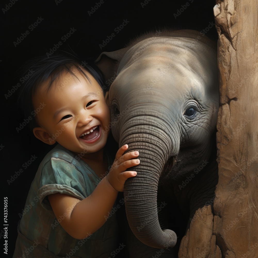 Poster a baby is hugging a small elephant. generative ai.
